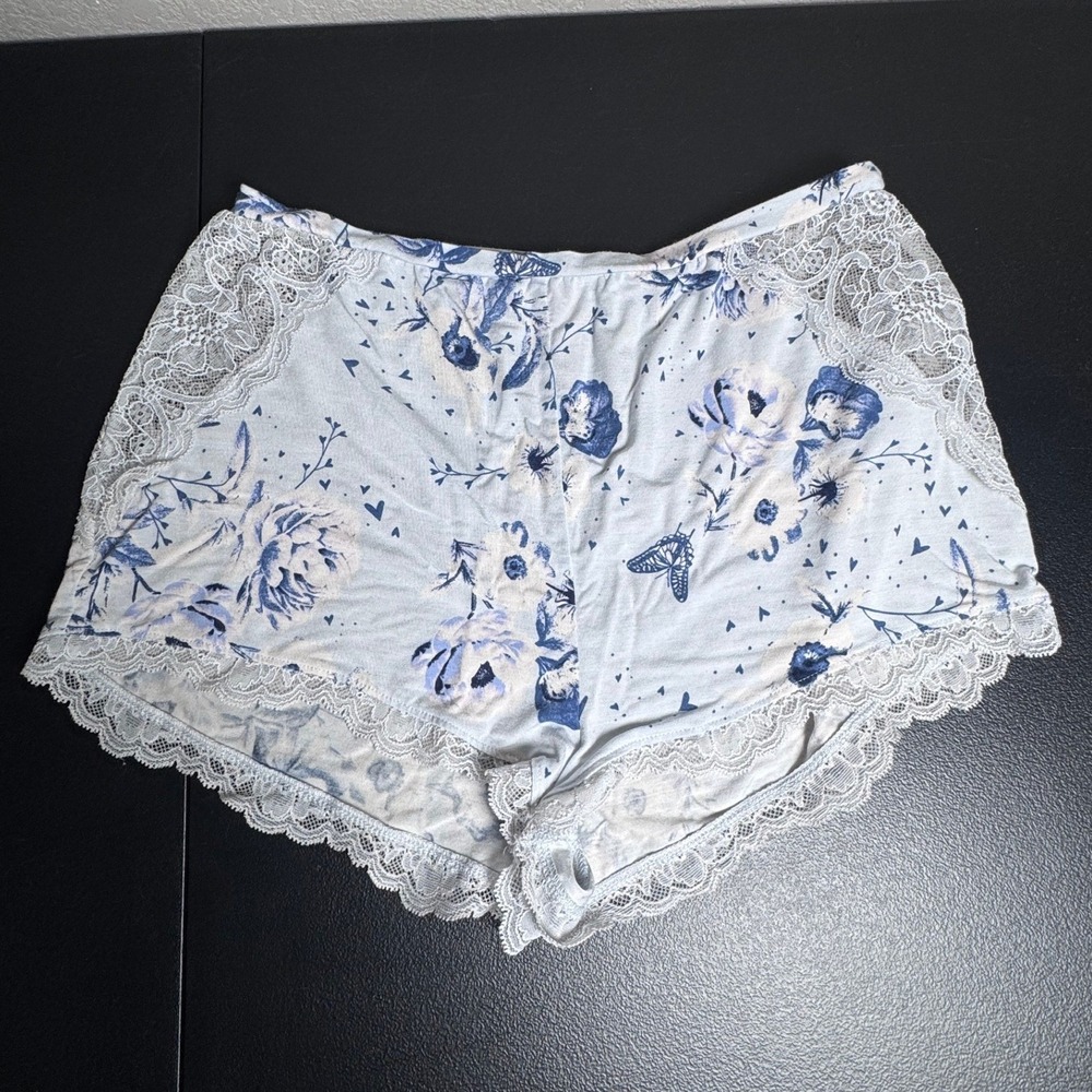 Victorias Secret‎ Blue Floral Butterfly Lace Trim Modal Pajama Shorts Small